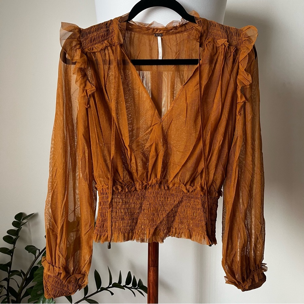 Free People Twyla Ruched Top with Sheer Sleeves